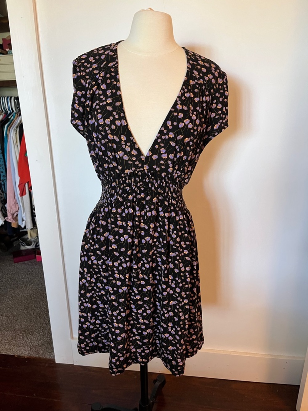 Free People Black Mini Dress with Pink Floral Print